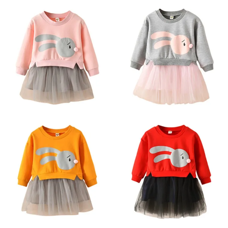 

High Quality Baby Girls Cute Soft Cotton Mesh Cartoon Patchwork Dress New Kids Children Long Spring Autumn Warm Clothing Dress