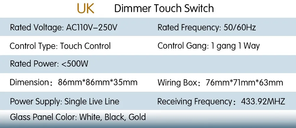 2017Hot продажи сенсорный выключатель 220 В золотое стекло панель Великобритании 1Gang1Way удаленного сенсор выключатель света и пульт дистанционного управления