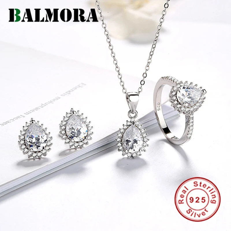 

BALMORA 925 Sterling Silver Necklace+Earrings+Rings Water Drop Zircon Jewelry Sets for Women Fashion Jewelry Brincos Gift JWS875
