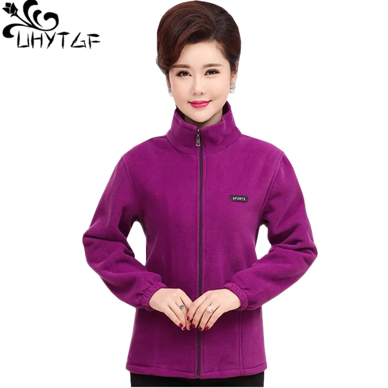 

UHYTGF Casual women plus size jacket fashion fleece Elegant Lady autumn outerwear Standing collar Zipper Slim Ladies Jackets 314