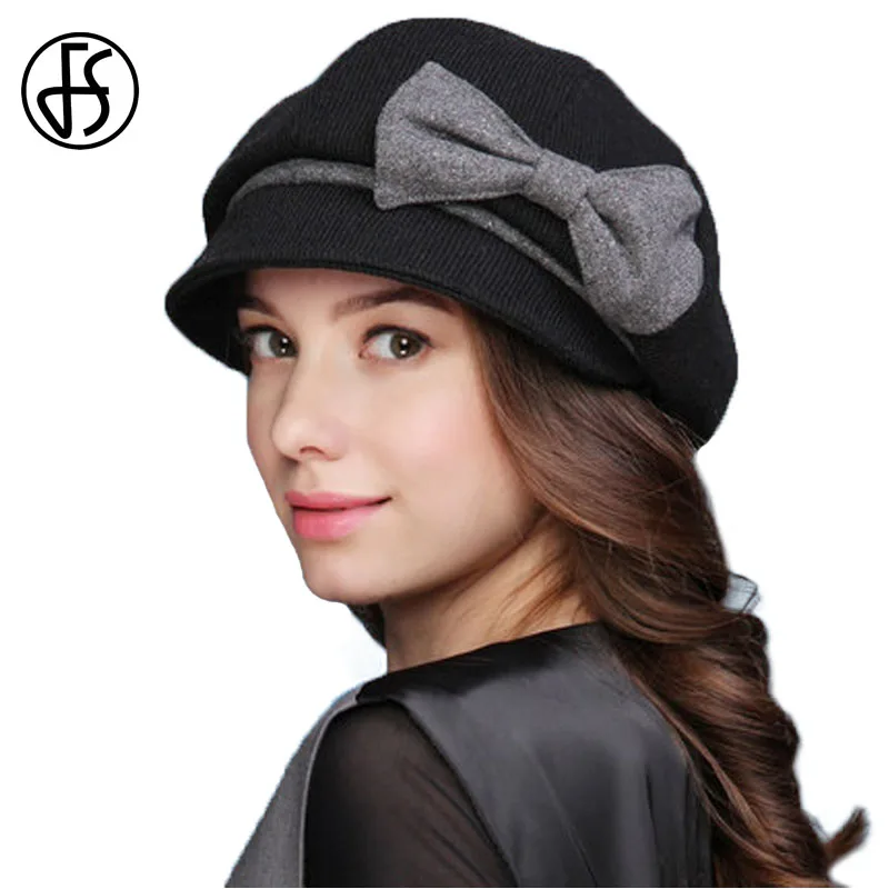 FS Vintage Octagonal Cap Winter Wool Felt Beret For Women Elegant Bow