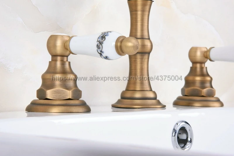 Antique Brass Widespread Bathroom Basin Faucet Dual Handle 3 Holes Basin Mixer Sink Taps Deck Mounted Nan072