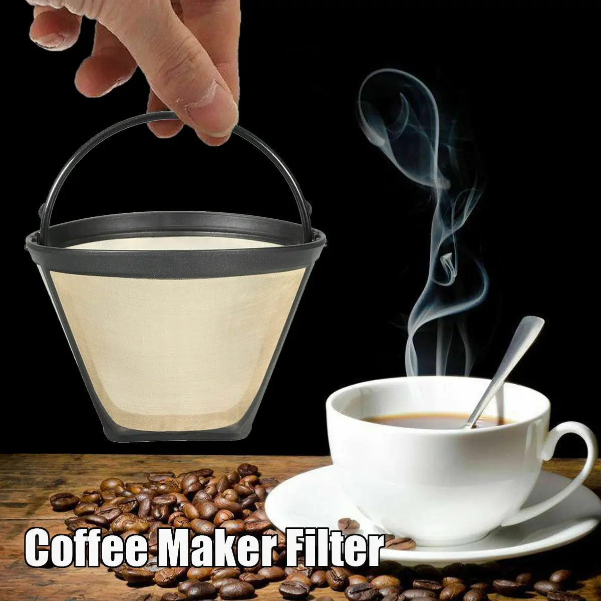 

1pcs Reusable Coffee Filter Permanent Cone-Style Gold Mesh With Handle Cafe Tool