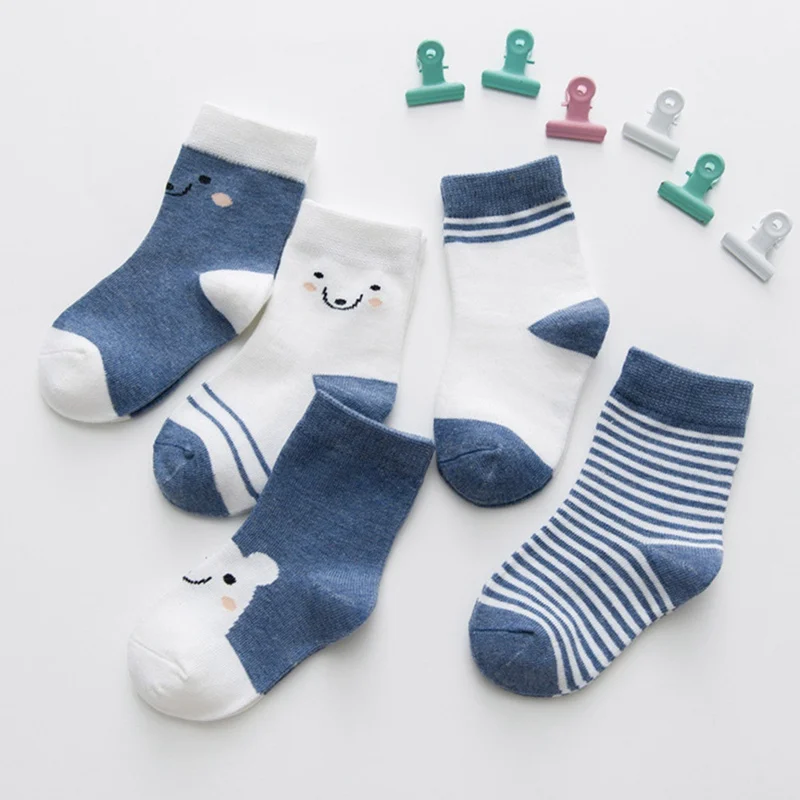 

5 Pairs Kids Socks Printed Bear Stripe Soft Cotton Kids Socks Pack Breathable Cartoon Boys Girls Cute Thicken Children Socks