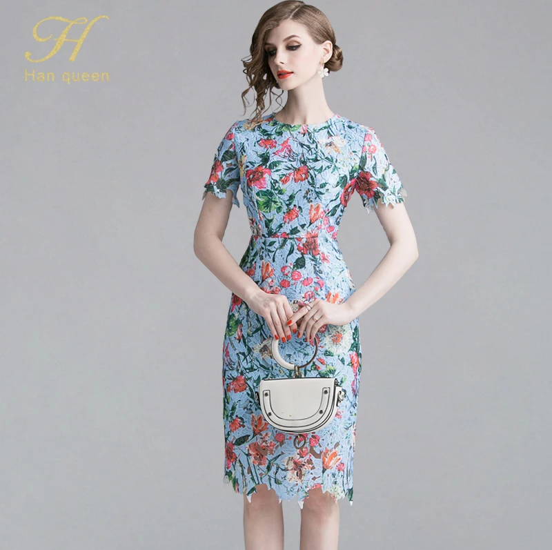 

H Han Queen European New Bodycon Print Dress Retro Water Soluble Flower Lace Dresses Vintage Casual Office Wear Bohemian Vestido