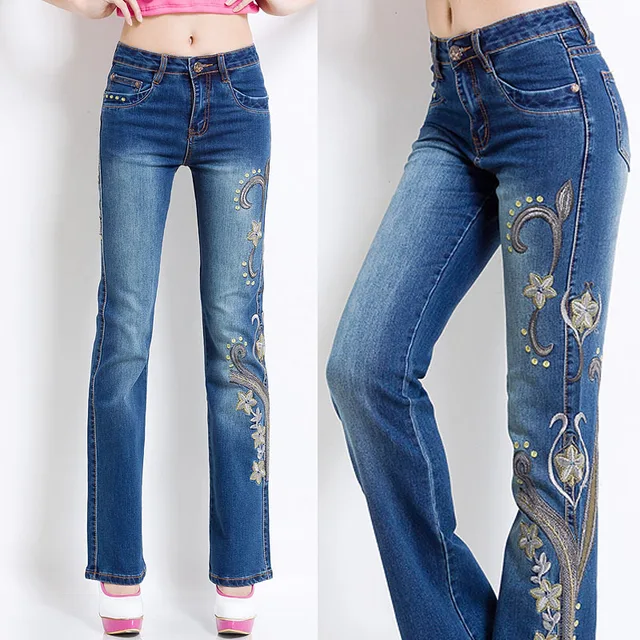 Spring Autumn Vintage Womens Embroidered Flower Flare Denim Trousers ...