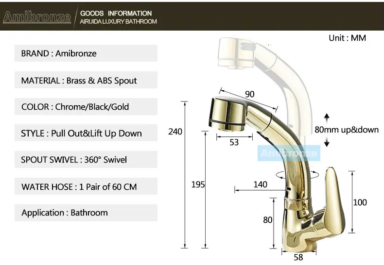 Amibronze выдвижной кран смеситель для ванной комнаты подъем вверх и вниз смеситель кран 2 функции весна и поток KL907
