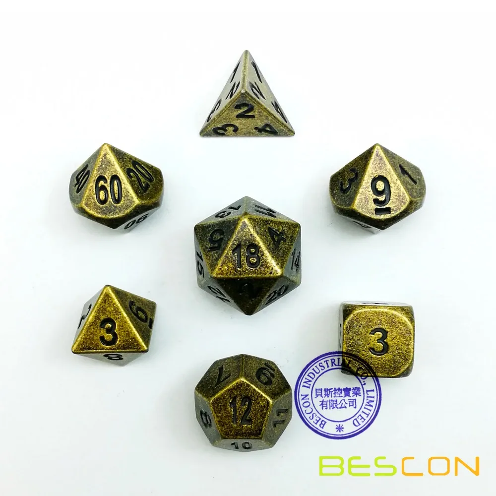 Bescon Ancient Brass Solid Metal Polyhedral D&D Dice Set of 7 Antique Copper Metal RPG Role Playing Game Dice 7pcs Set 2