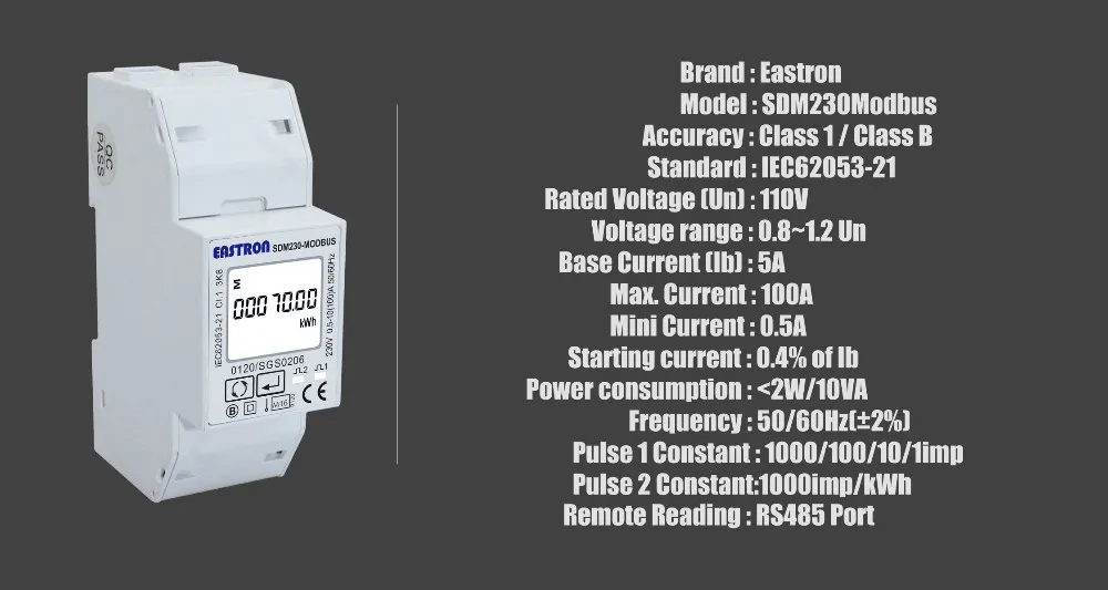 SDM230 Modbus 110V non MID 0,25~ 5(100) A 110 V, однофазный киловатт-час счетчик энергии, с Modbus RTU