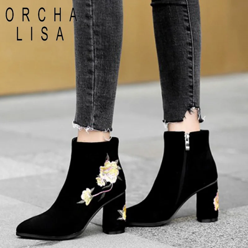 

ORCHA LISA New Fashion Embroider floral Ankle boots for women block Square heel Flock zip Shoes Women Short booties plus size
