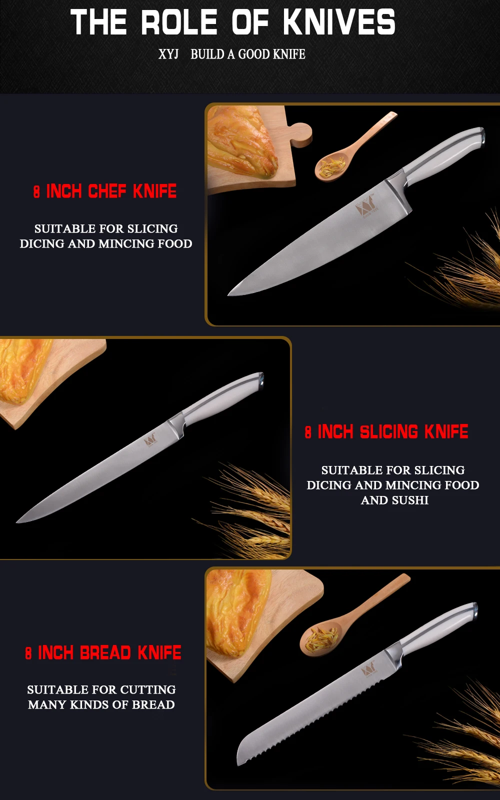 XYj профессиональный набор кухонных ножей из нержавеющей стали 4 шт., нож для шеф-повара, хлеба, сантоку, нож 7Cr17Mov/440A, нож в немецком стиле