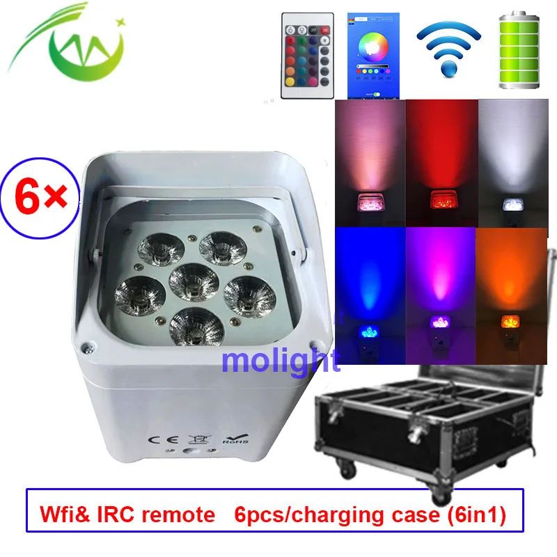 

Wireless Dmx Uplights With WIfi&Remote Control 6*18w RGBWA UV Battery Power LED Par UpLighting for Wedding Party with flycase