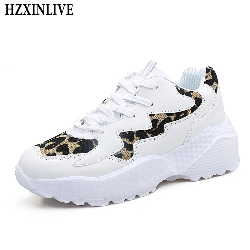 

HZXINLIVE 2019 New Spring Women Casual Shoes Sneakers Lace-Up Leopard Print Sewing Patchwork Woman White Sneakers Tenis Feminino