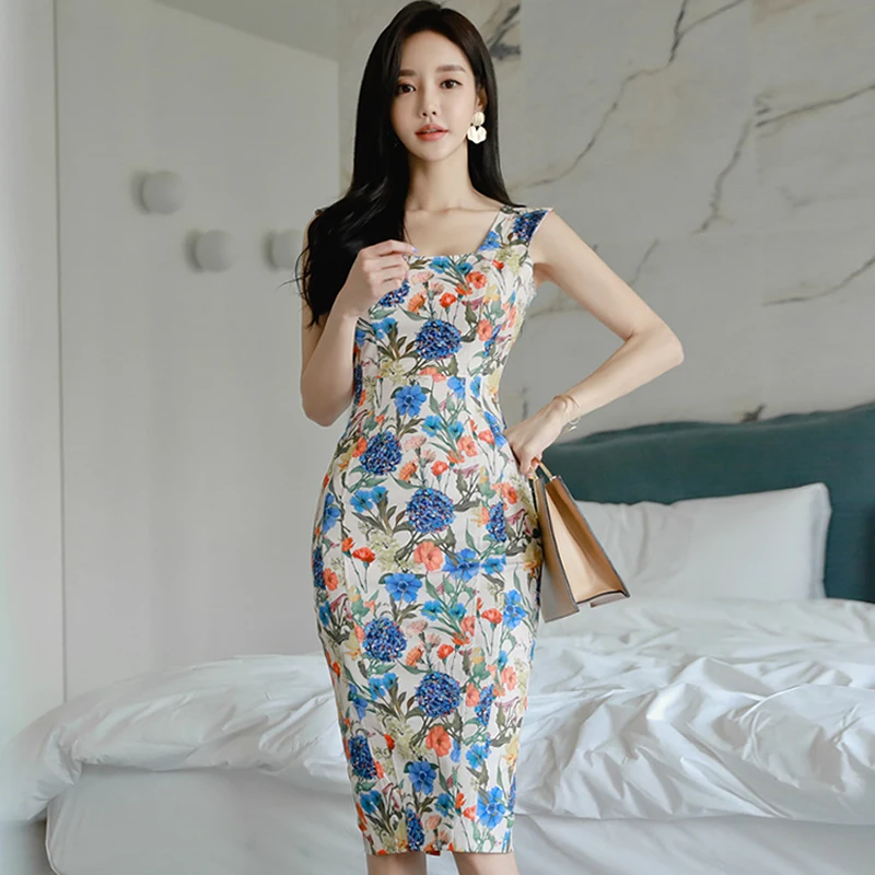 

Summer Floral Print Sleeveless Vest Midi Pencil Bodycon Sexy Party Women Dresses