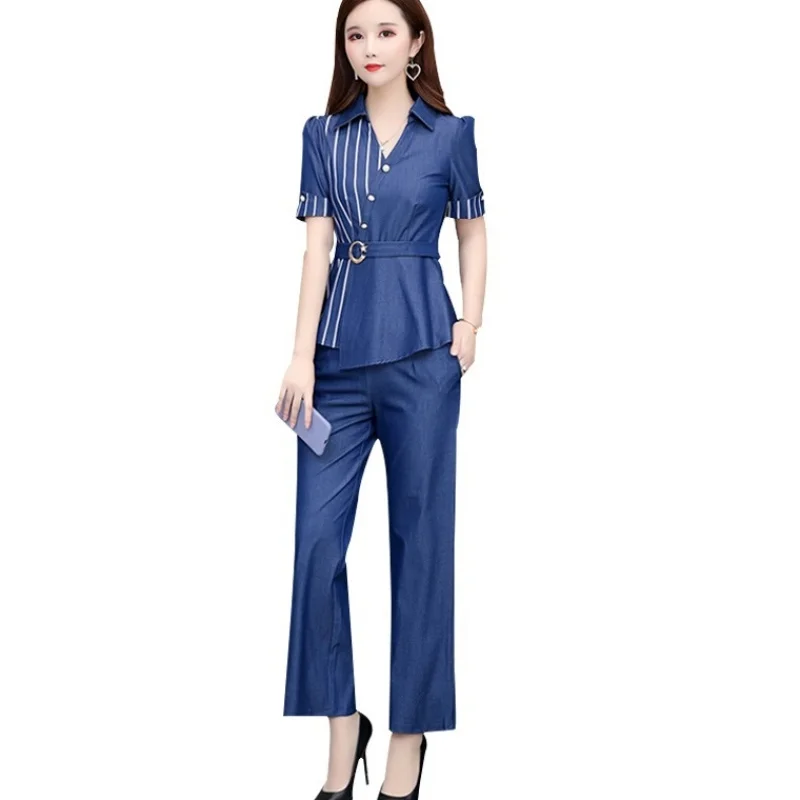 

Fashion ladies suits New high quality 2 peice set women Korea clothing trend women's summer suits Tops + Wide leg pants 1263