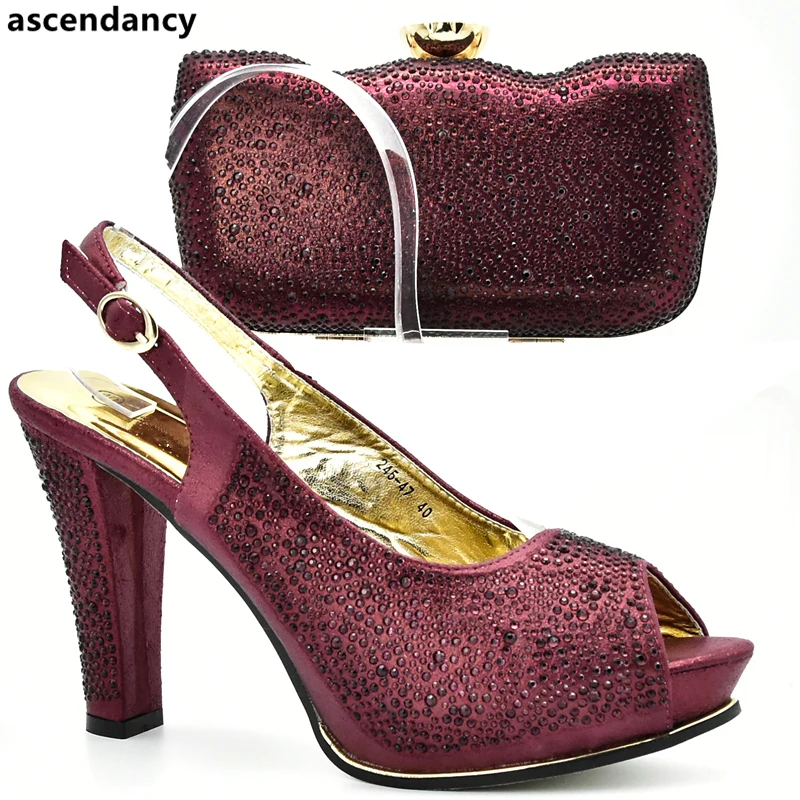 

New Arrival Wine Color Italian Ladies Shoes and Bag Set Decorated with Rhinestone High Quality African Wedding Shoes and Bag Set