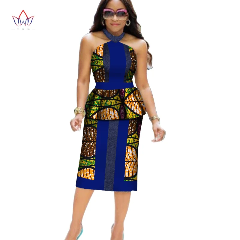 

Africa Style Two Piece Short Set for Women Summer Dashiki Crop Top and Skirt Africa Clothes Bazin Halter Sexy Office Set WY2763