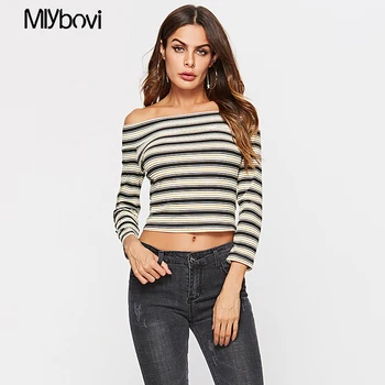 

Black Off Shoulder Tee Casual Elegant Women Striped Slim Fit T-shirt 2018 Women Autumn Office Lady Elegant Long Sleeve Tops