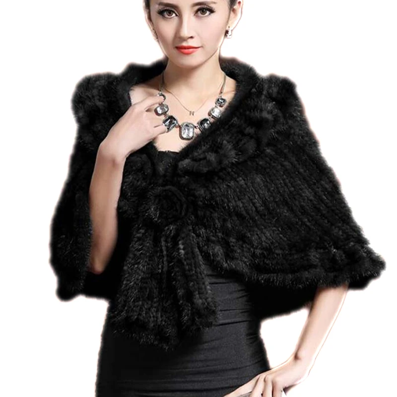 Women Winter Wraps Real Mink Fur Knitted Cape Coat Lady Wedding Shawl
