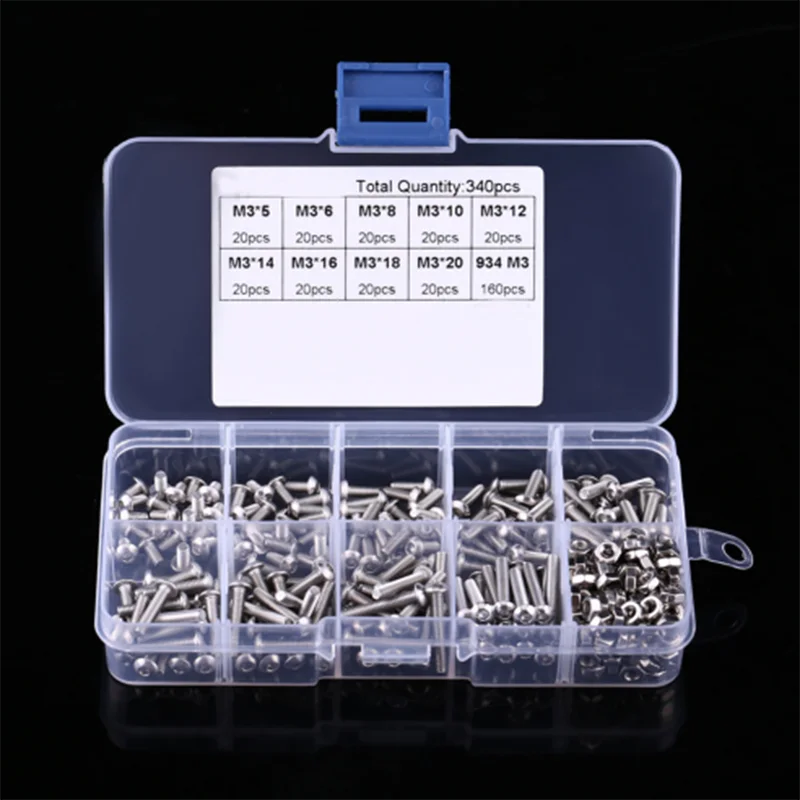 

340PCS/Lot M3 Button Head Hex Socket Screw Bolt Nut Stainless Steel SS304 M3 Screws Nuts Assortment Kit Fastener Hardware
