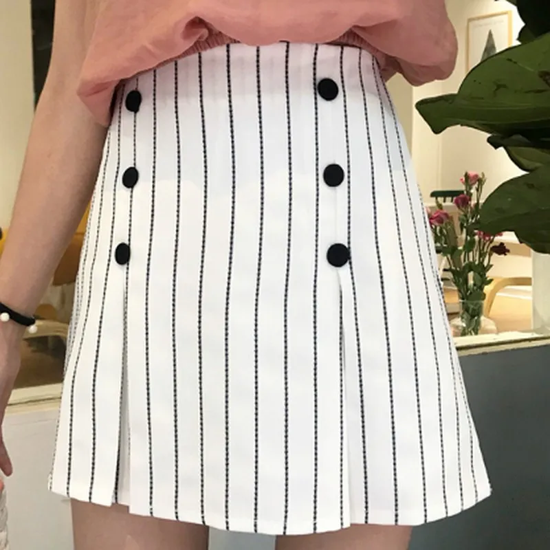 

summer stripe Women's skirt casual korean Double-breasted high waist skirt black white a-line mini skirts woman fashion 2019