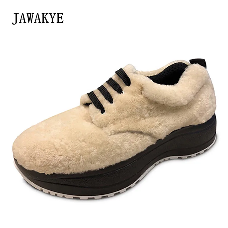 

2018 Wool Fur Sneakers Women Round Toe Lace-up Muffin Bottom Chic Casual Shoes Woman