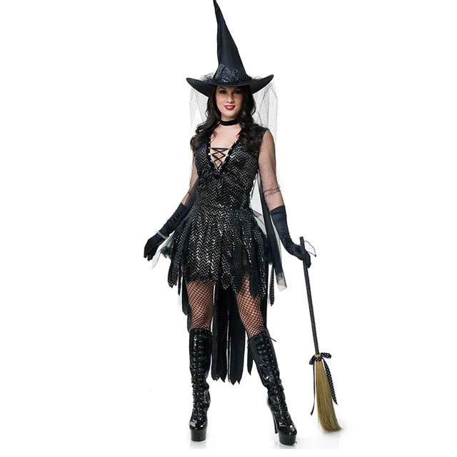 Black Custom Made Women Halloween Party Cosplay Witch Costume Fancy