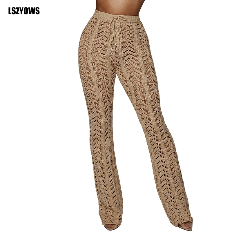 

LSZYOWS 2019 Knitted Women Pants White Lace Up High Waist Flare Pants Sexy Hollow Out Crochet Beach Pants Summer Female Trousers