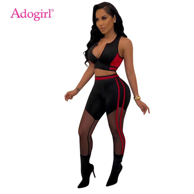 

Adogirl Sheer Mesh Color Patchwork Sexy Two Piece Set Women Tracksuit Zipper V Neck Tank Crop Top Skinny Pants Slim Outfits