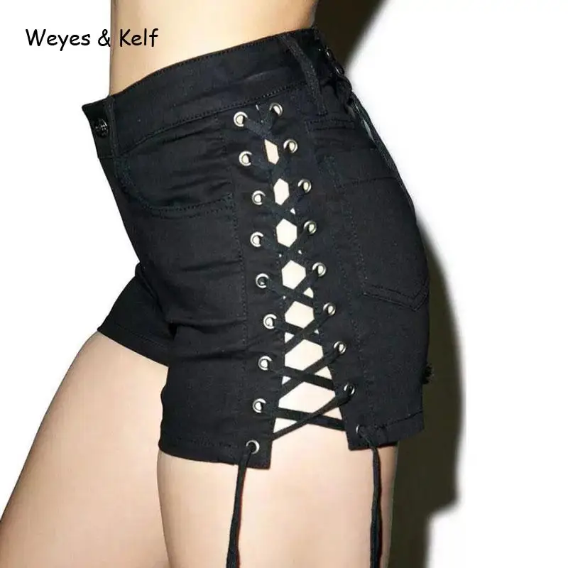 

Weyes & Kelf Stretch Denim Hollow Bandage Shorts Women 2017 Slim Female Shorts High Waist Short Feminino Cintura Hot Shorts
