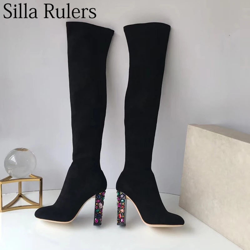 Silla/женские ботфорты выше колена из эластичного флока; женские сапоги на очень высоком каблуке с круглым носком, украшенные кристаллами; сапоги из натуральной кожи; облегающие сапоги