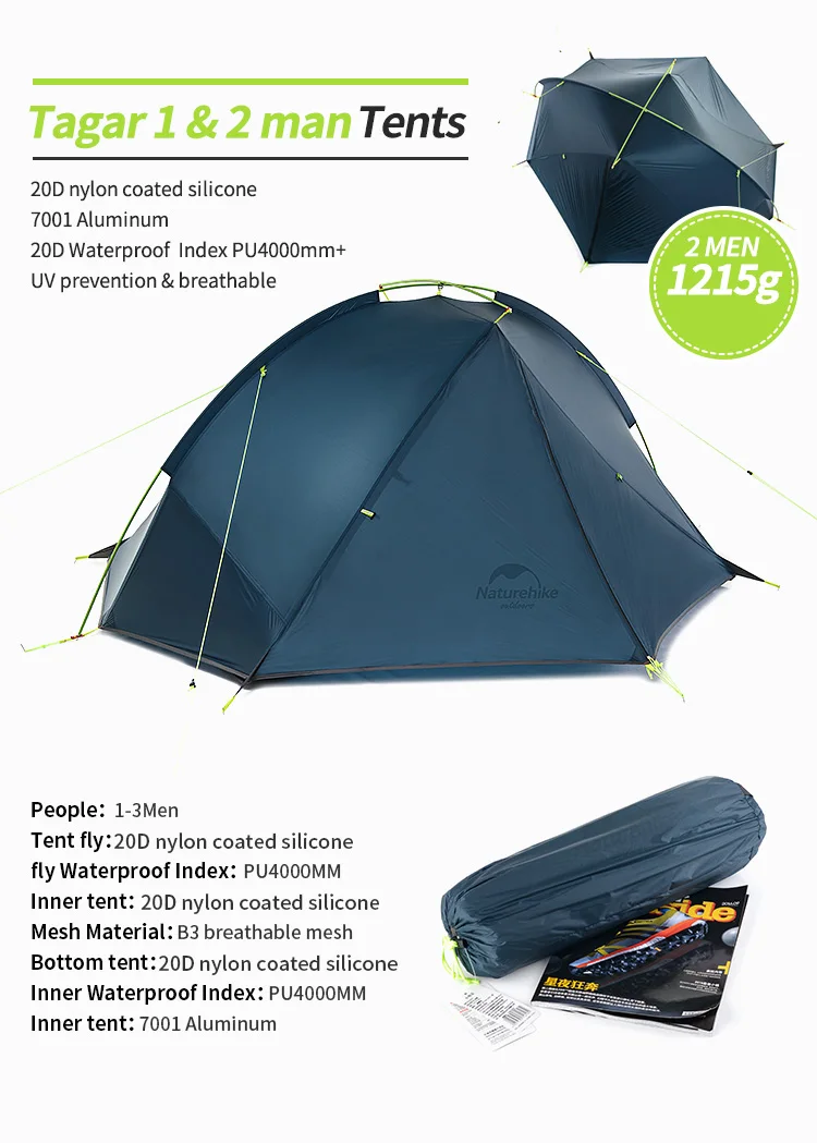 Бесплатный коврик Naturehike сверхлегкий тагар палатка 1 человек/2 человек Открытый Кемпинг Пешие Прогулки 3 сезона двухслойная ветрозащитная палатка