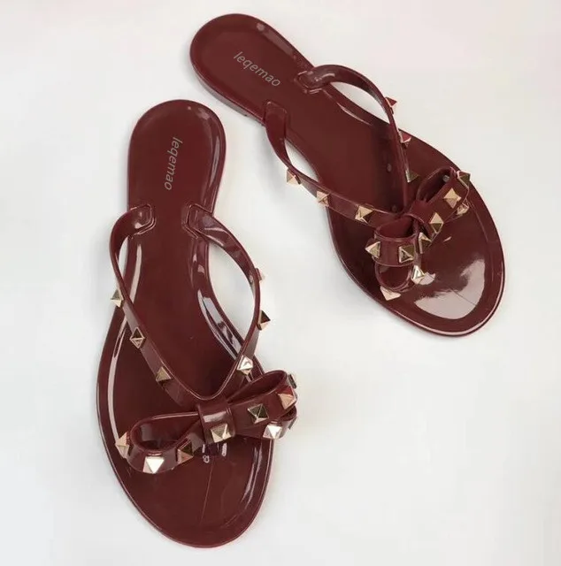 Fashion Summer Flip Flops Woman Rivets Women Sandals Bow knot Flat Slippers Girls Studded Cool Beach Slides Jelly Shoes 35-41