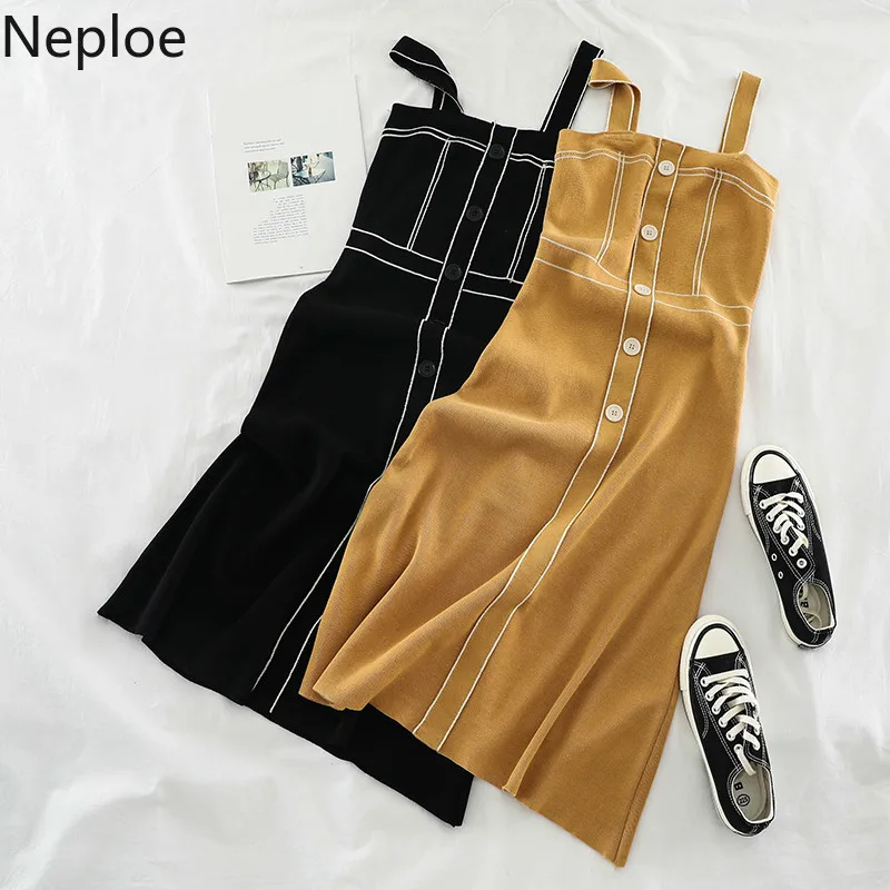 

Neploe 2019 Summer New Dress Women Strap Sleeveless Knit Vestidos Contrast Color Sling Slim Stretch Sweater Dresses 52849