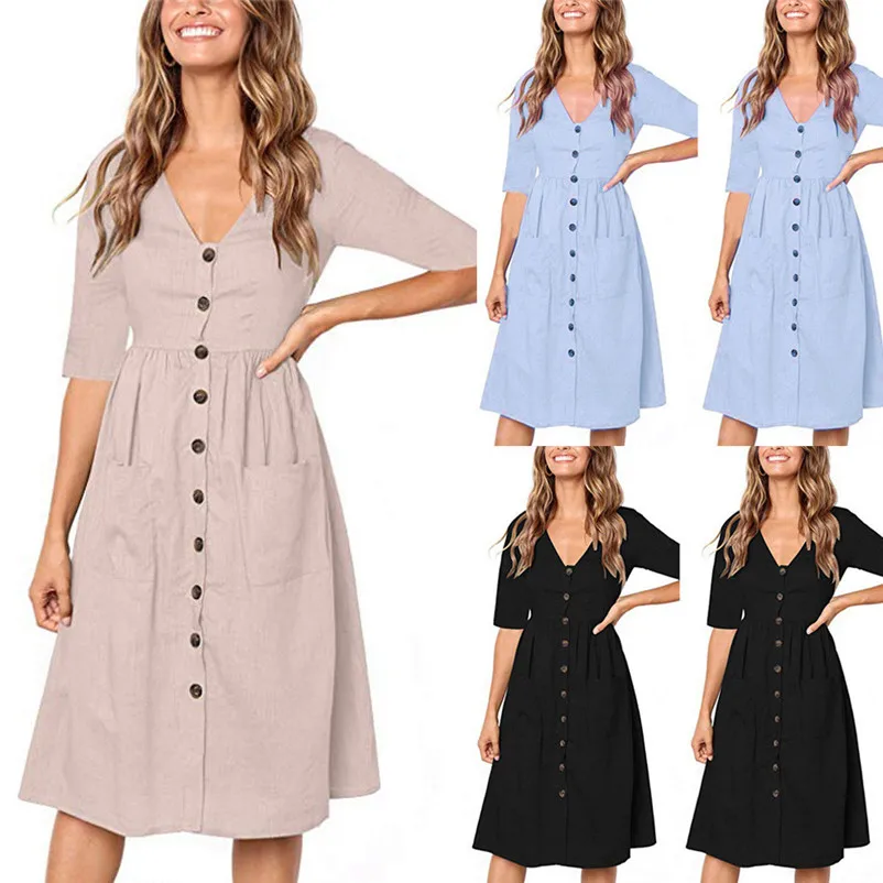 Fashion Autumn summer dress 2018 casual dress Women Holiday V Neck Solid Half Sleeve Buttons Club Party Dress vestido Y26#N (7)