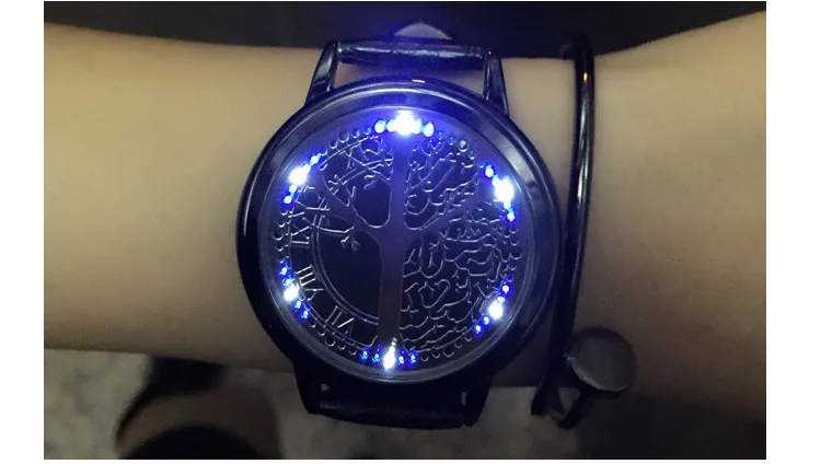 Reloj mujer, модный кожаный ремешок, светодиодный сенсорный экран, часы для женщин/мужчин, с циферблатом в форме дерева, синий светильник, время