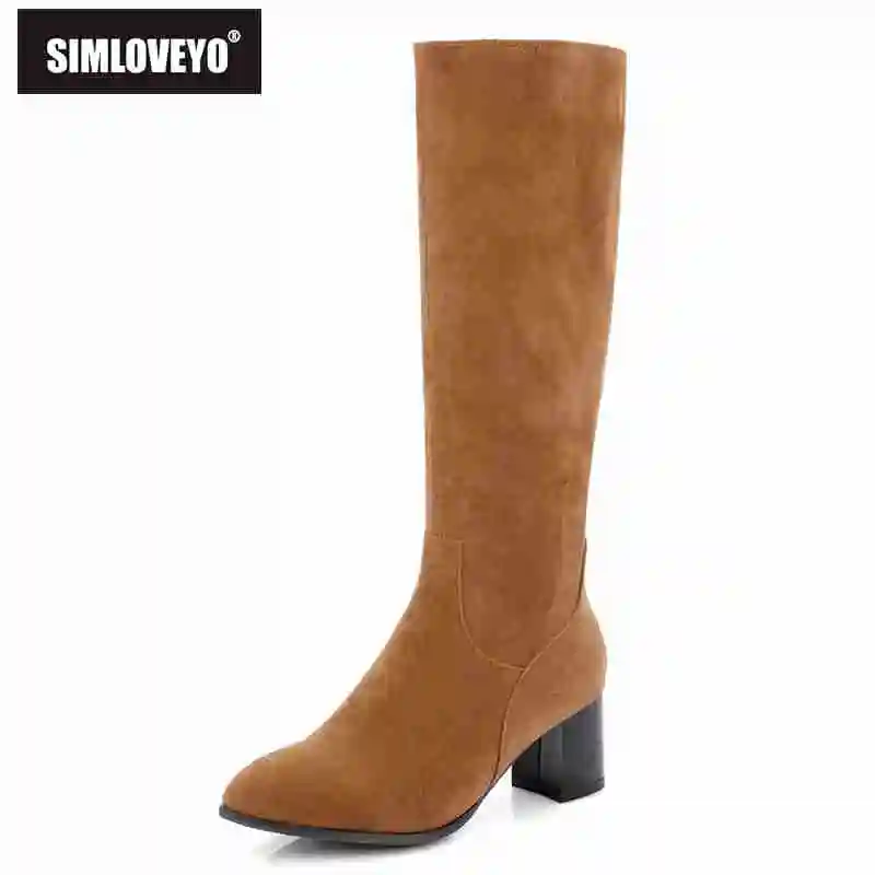 

SIMLOVEYO Women Knee boots Ladies shoes Flock Solid Autumn winter Warm High heel Zipper square heel Shoes woman Long boots A844