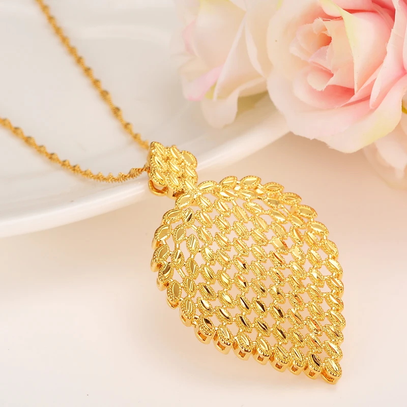 

Dubai Necklace for Women,Ethiopian Plume Heavy Pendant Necklace 2 4k Yellow Solid Gold FINISH Jewelry Africa/Arab Flower Gifts