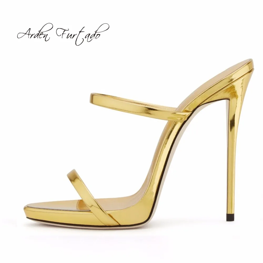 Arden Furtado/Новинка года; Летние босоножки на очень высоком каблуке-шпильке; цвет золотистый, Серебристый; модная женская обувь; шлепанцы; большие размеры