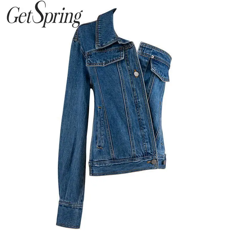 

GetSpring Women Denim Jackets Irregular Ladies Denim Coat Oblique Collar Female Jean Jacket One Shoulder Long Sleeve Jeans Coat