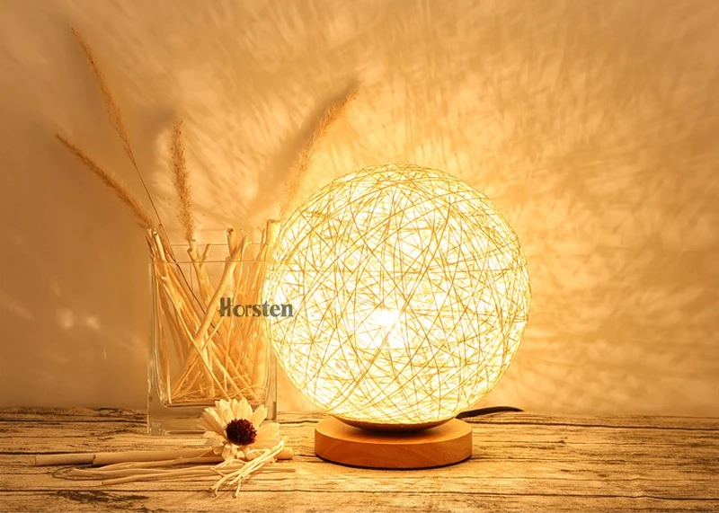 Horsten Wooden Table Lamp 20cm Multiple Colors Linen Woven Ball Lampshade Bedroom Bedside Lamp Wooden Desk Light  (2)