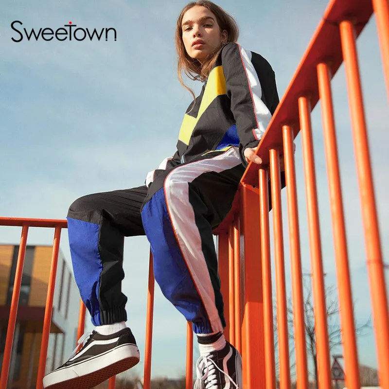 Sweetown комплект из двух предметов, топ и штаны, уличная одежда, спортивный костюм, Женская куртка-бомбер и Лоскутные Спортивные штаны, комплект из 2 предметов, длинные штаны