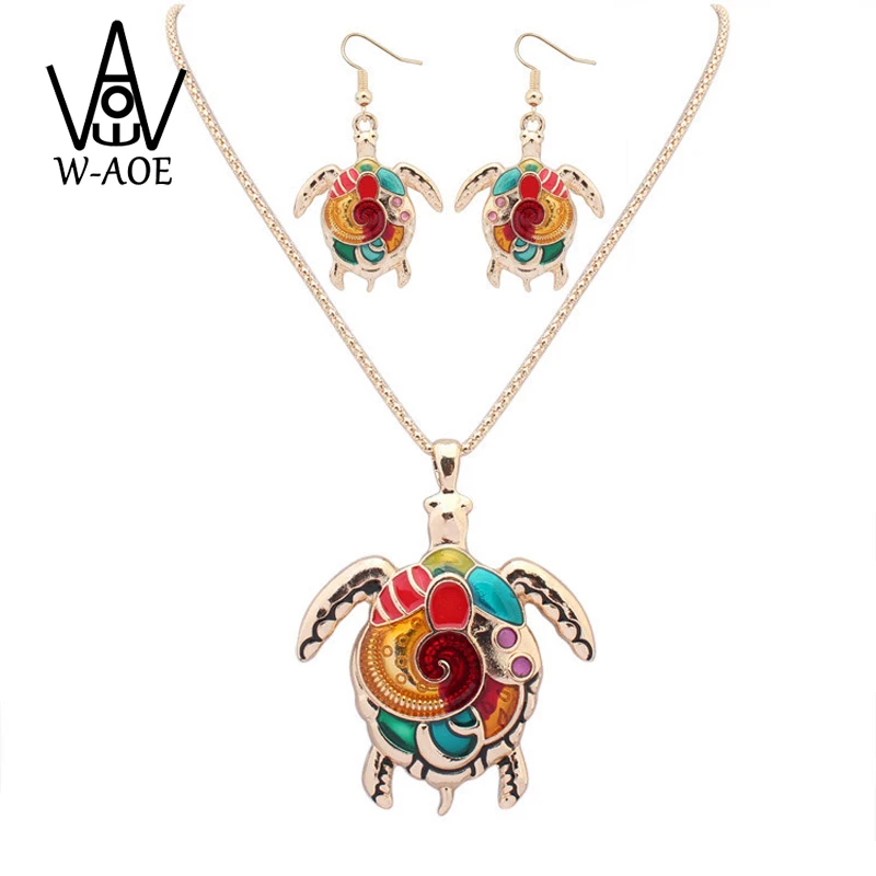 

2018 New Fashion Gold Color Colorful Enamel Turtle Jewelry Sets For Women Girl Animal Statement Necklace Earrings Set Party Gift