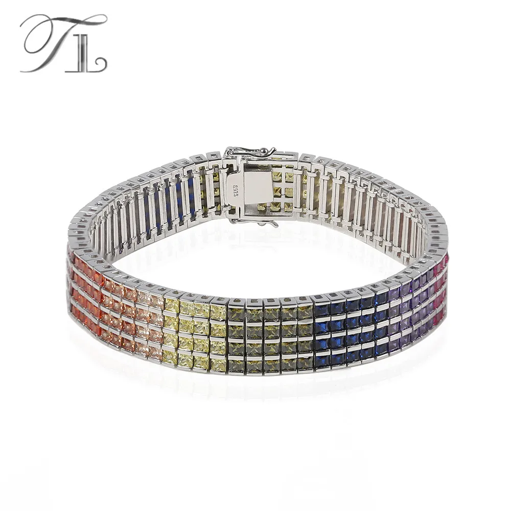 

TL 925-Sterling-Silver Bangle Bracelets Four Layers Inlaid Rainbow Cubic Zircon Unique Design Bracelet For Women Silver Jewelry