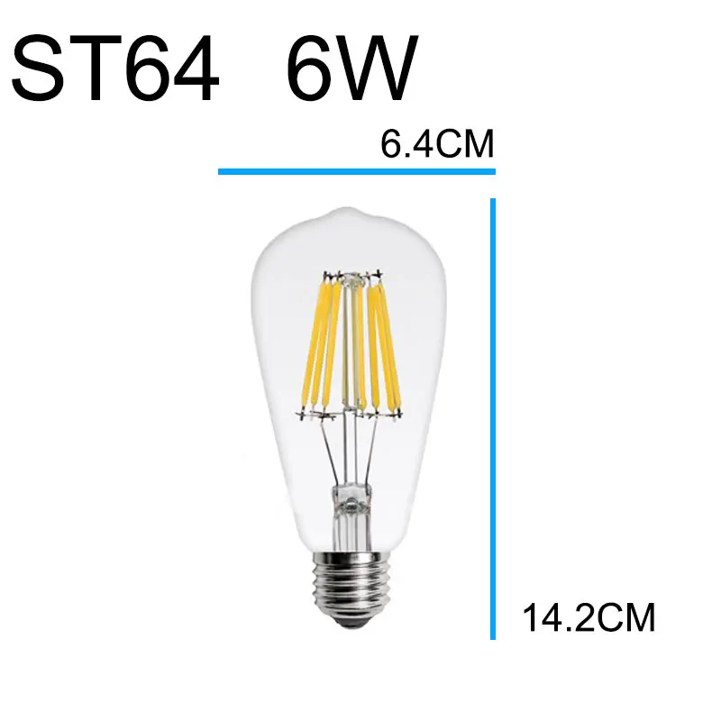 10 шт. 220 В винтажный светодиодный лампочка накаливания Эдисона E27 E14 Ретро лампа стеклянная лампочка светильник-свеча лампада ампула Bombilla Lampe Zarovka - Испускаемый цвет: ST64 E27 6W