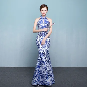 

Blue White Porcelaine Cheongsam Sexy Oriental Dress Asian Wedding Qipao Evening Party Dresses Retro Dressing Gown Plus Size 3XL