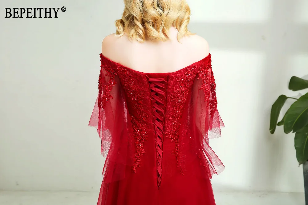 BEPEITHY дизайн vestido de festa с коротким рукавом и аппликацией из бисера тюль с v-образным вырезом винные Вечерние платья Длинные