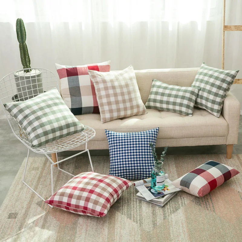 Us 11 19 6 Off 45x45 50x50cm Simple Style Washed Cotton Fabric Plaid Cushion Cover Sofa Checked Pillow Case Lumbar Pillowcase In
