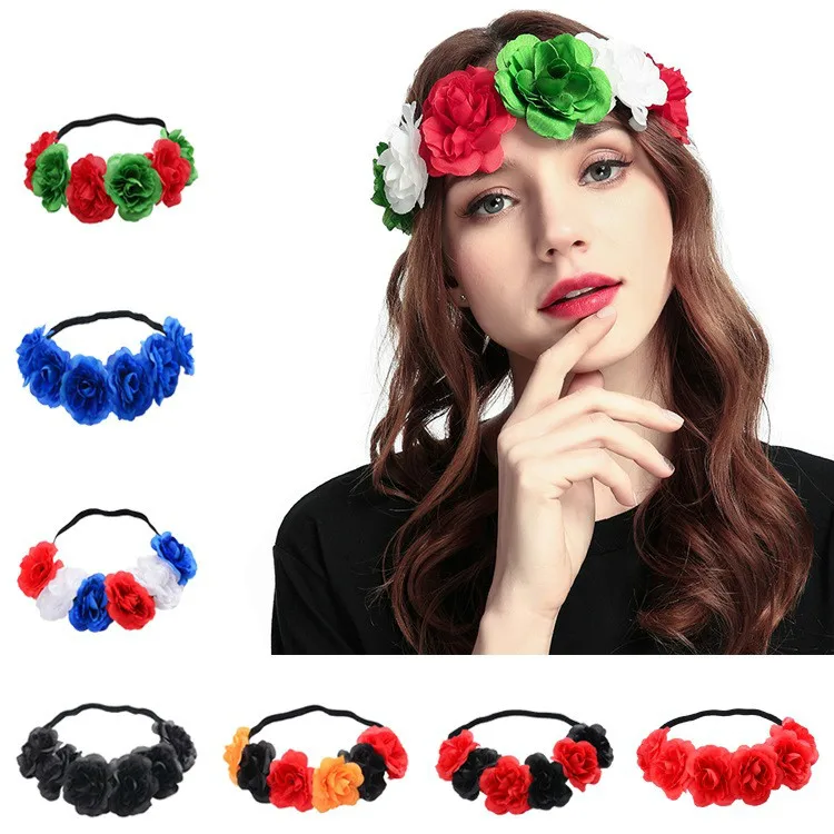 

M MISM Bride Women Flower Crown Hair Band Wedding Floral Headband Garland Ribbon Bow Girl Flower Wreath Elastic Hair Accessories