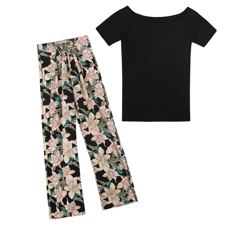 

Summer womens sets fashion black tshirt+Green black high waist lace wide leg pants trousers two piece set or single top and pant